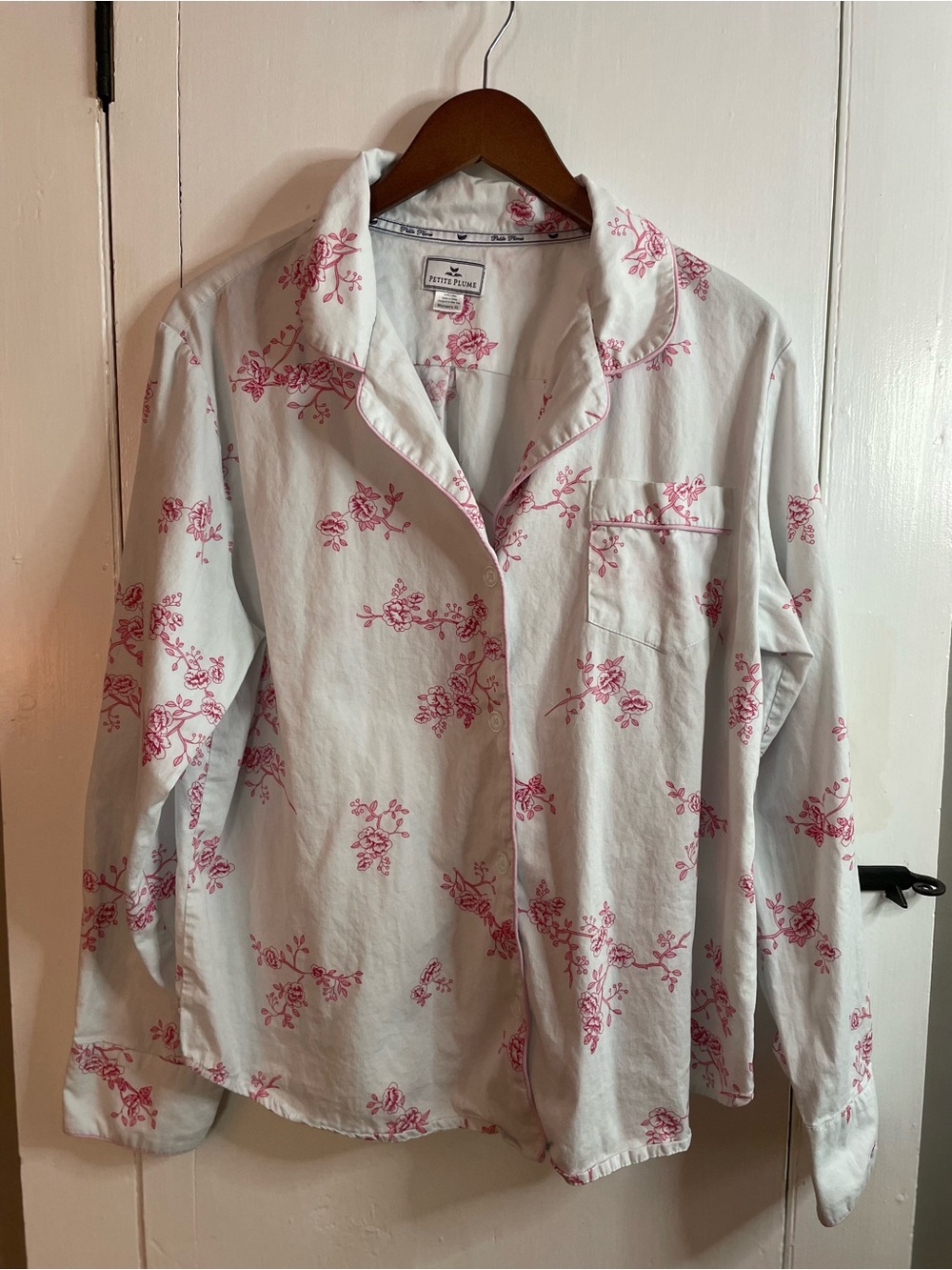 Petite Plume White 100% Cotton Long Sleeve Pajama Top with Pink Floral Print XL